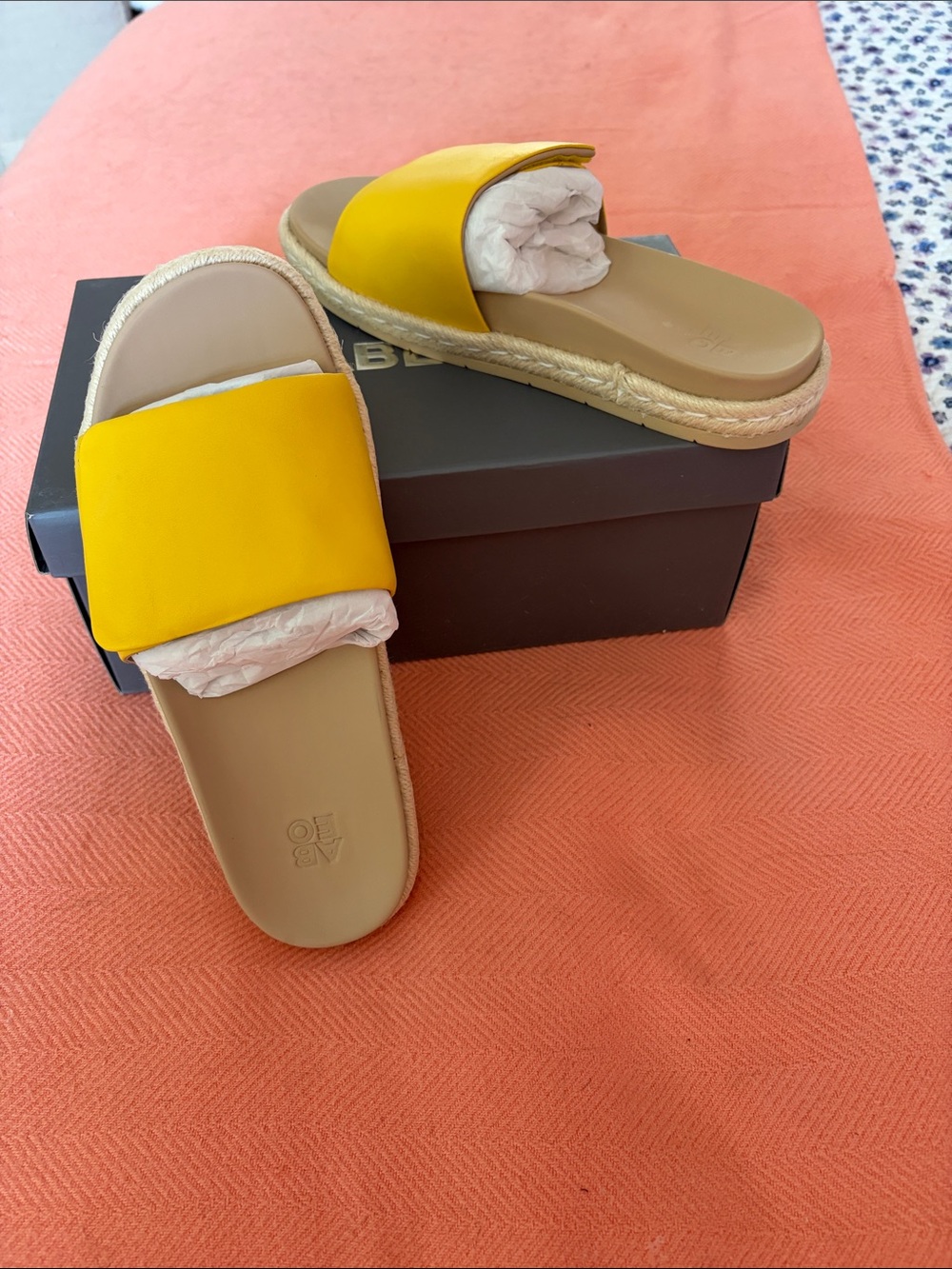 Abeo Yellow Slide Sandals with Tan Footbed and Espadrille Trim